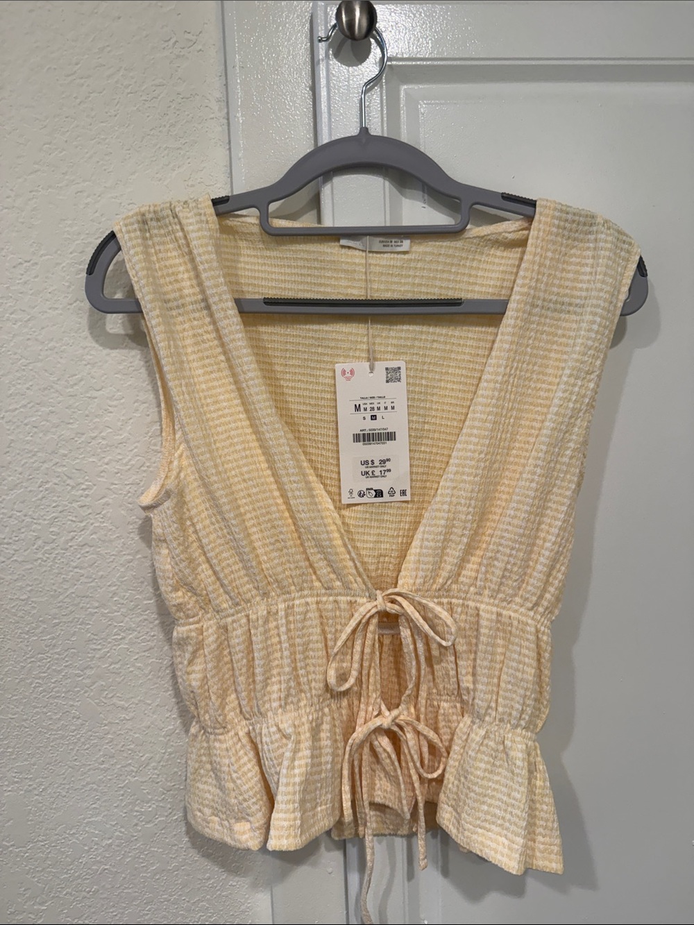 Zara Light Yellow Sleeveless Tie-Front Peplum Top